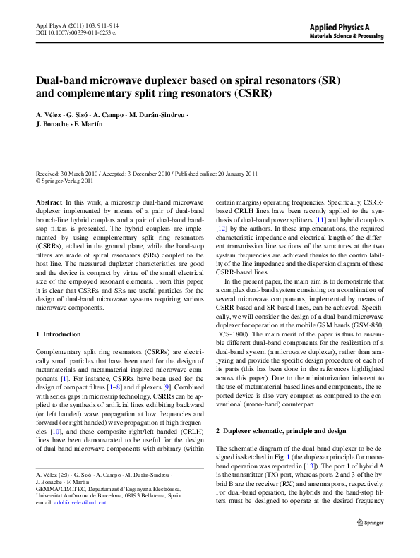 (PDF) Dual-band microwave duplexer based on spiral resonators (SR) and ...