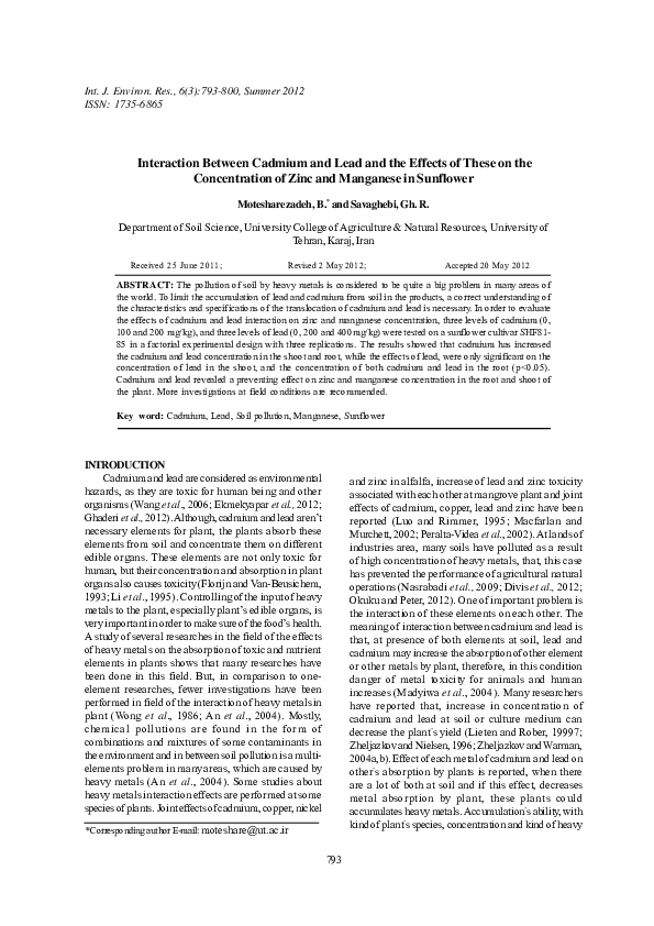 (PDF) Interaction Between Cadmium and Lead and the Effects of These on ...