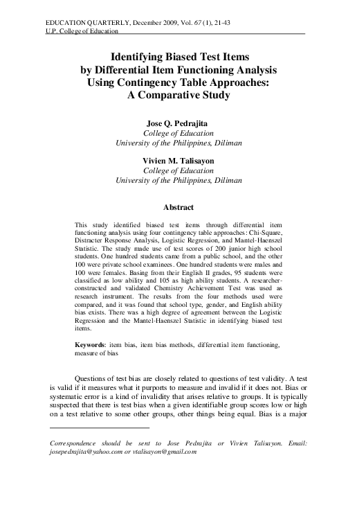 (PDF) Identifying Biased Test Items by Differential Item Functioning ...