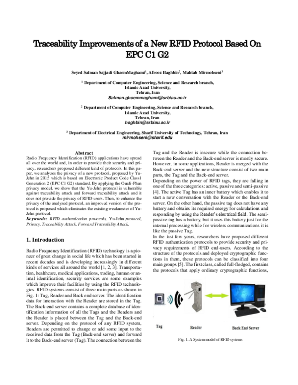 (PDF) Traceability Improvements of a New RFID Protocol Based On EPC C1G2
