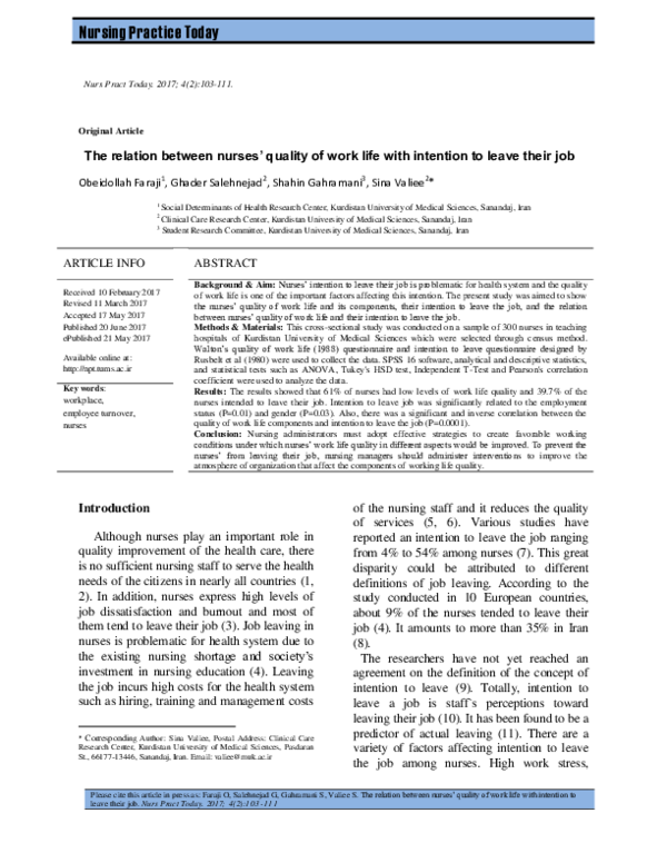 (PDF) The relation between nurses’ quality of work life with intention ...
