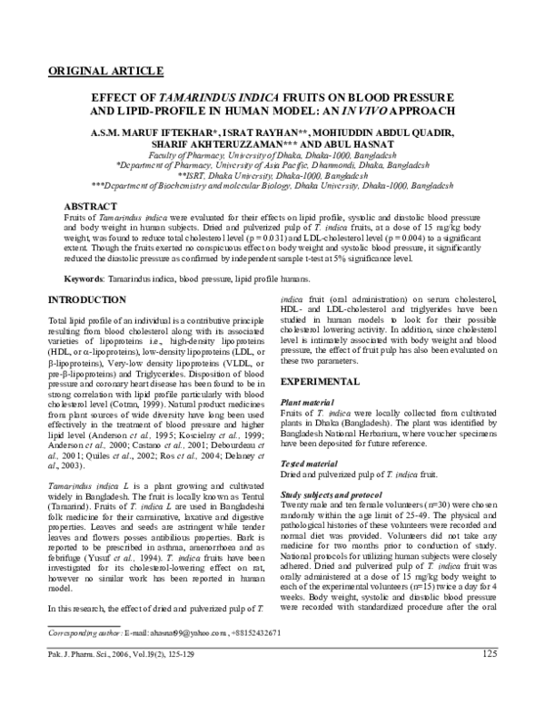(PDF) Effect of Tamarindus indica fruits on blood pressure and lipidprofile in human model an