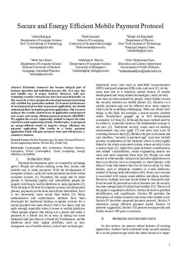 (PDF) Secure and energy efficient mobile payment protocol