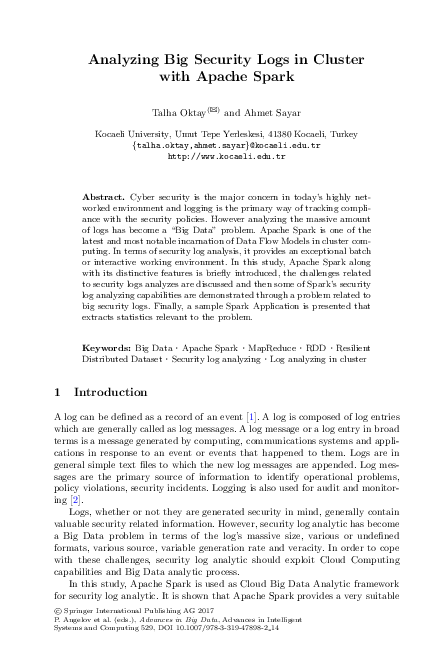 (PDF) Analyzing Big Security Logs in Cluster with Apache Spark