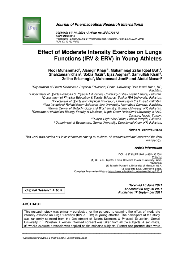 (PDF) Effect of Moderate Intensity Exercise on Lungs Functions (IRV ERV ...