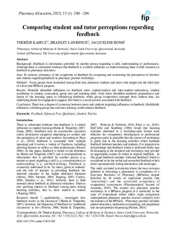 (PDF) Comparing student and tutor perceptions regarding feedback