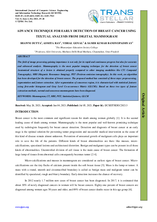 (PDF) ADVANCE TECHNIQUE FOR EARLY DETECTION OF BREAST CANCER USING ...