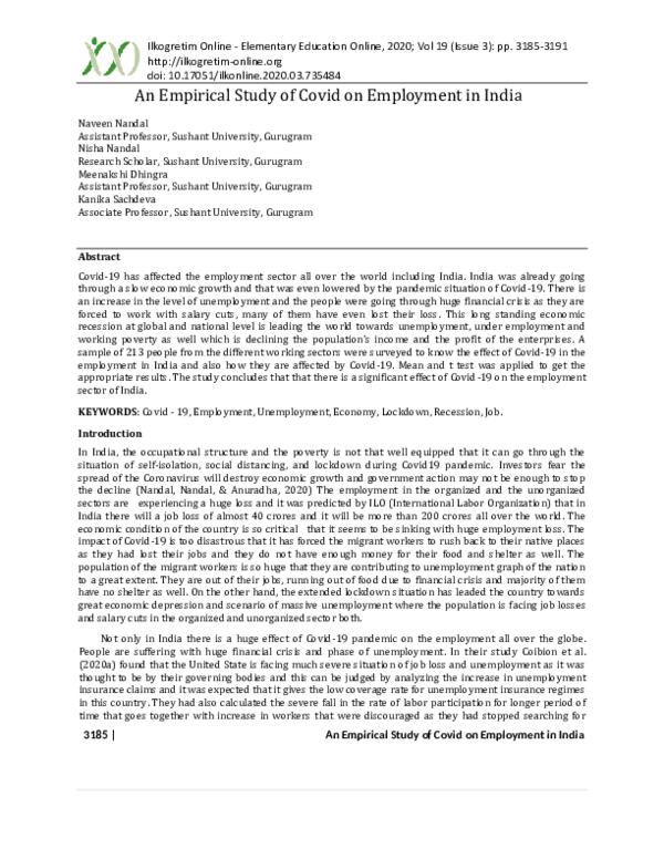 (PDF) An Empirical Study of Covid on Employment in India