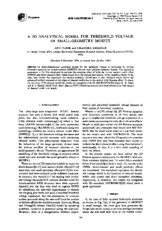 (PDF) A 3D analytical model for threshold voltage of small-geometry MOSFET