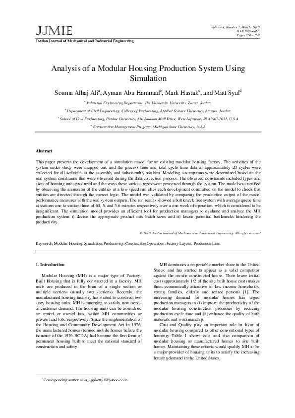 (PDF) Analysis of a Modular Housing Production System Using Simulation