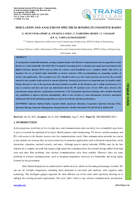 (PDF) SIMULATION AND ANALYSIS OF SPECTRUM SENSING IN COGNITIVE RADIO