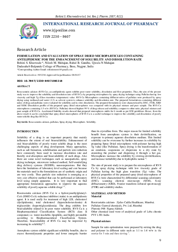 (PDF) Formulation and Evaluation of Spray Dried Microparticles ...