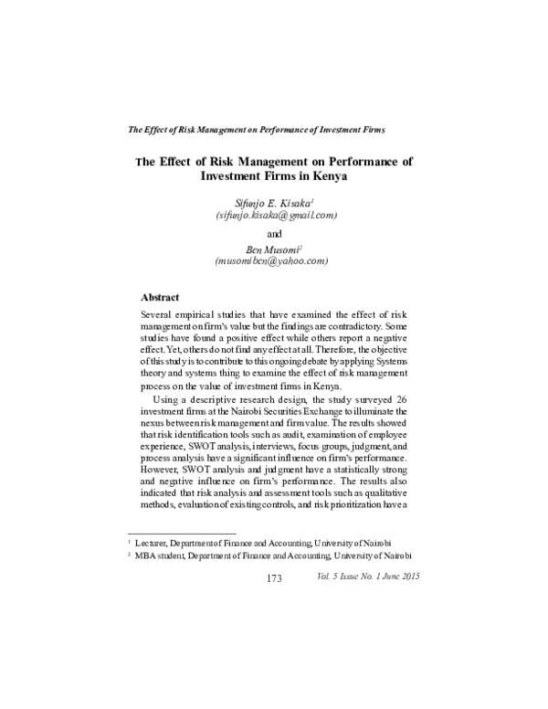 (PDF) The Effect of Risk Management on Performance of Investment Firms ...