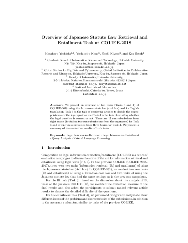 (PDF) Overview of Japanese Statute Law Retrieval and Entailment Task at