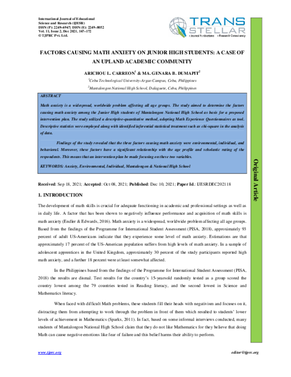 (PDF) FACTORS CAUSING MATH ANXIETY ON JUNIOR HIGH STUDENTS: A CASE OF ...