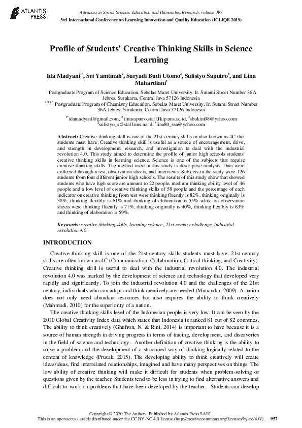 (PDF) Profile of Students’ Creative Thinking Skills in Science Learning