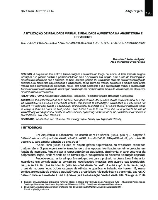 (PDF) A Utilização De Realidade Virtual e Realidade Aumentada Na ...