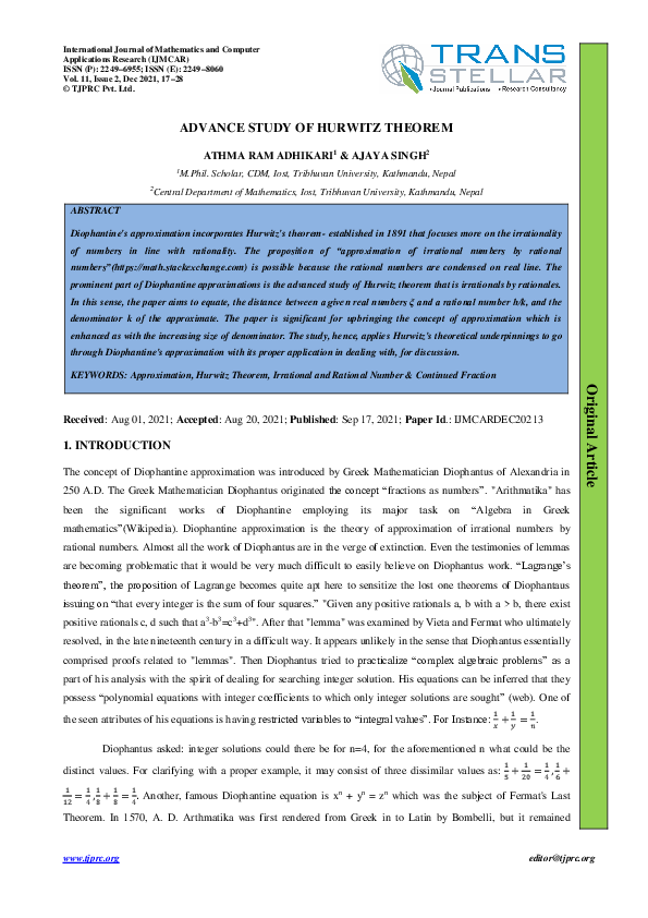 (PDF) ADVANCE STUDY OF HURWITZ THEOREM