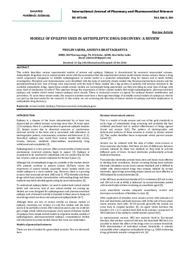 (PDF) Models of Epilepsy Used in Antiepileptic Drug Discovery: A Review