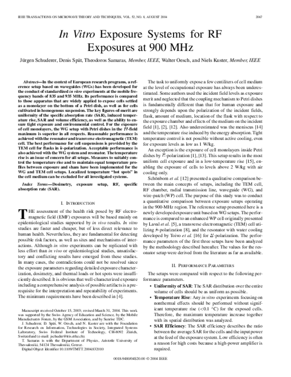 (PDF) In Vitro Exposure Systems for RF Exposures at 900 MHz