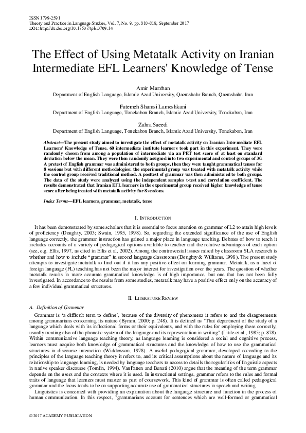 (PDF) The Effect of Using Metatalk Activity on Iranian Intermediate EFL ...