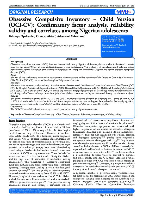 (PDF) Obsessive Compulsive Inventory – Child Version (OCI-CV ...