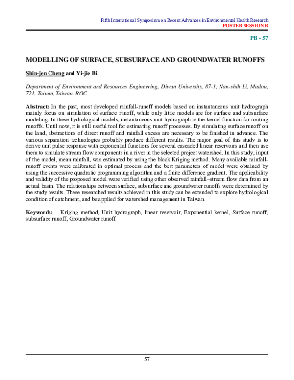 (PDF) Modelling of Surface , Subsurface and Groundwater Runoffs | Shin ...