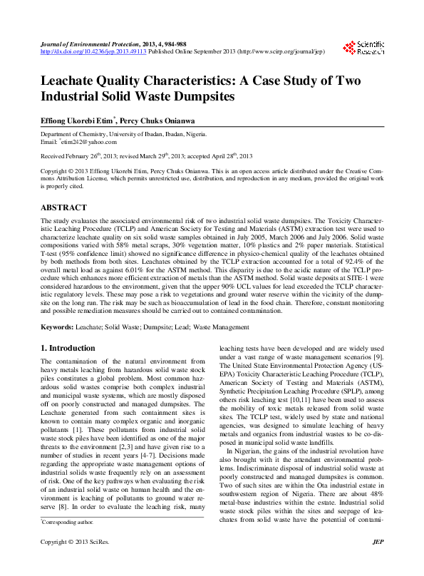 (PDF) Leachate Quality Characteristics: A Case Study of Two Industrial ...