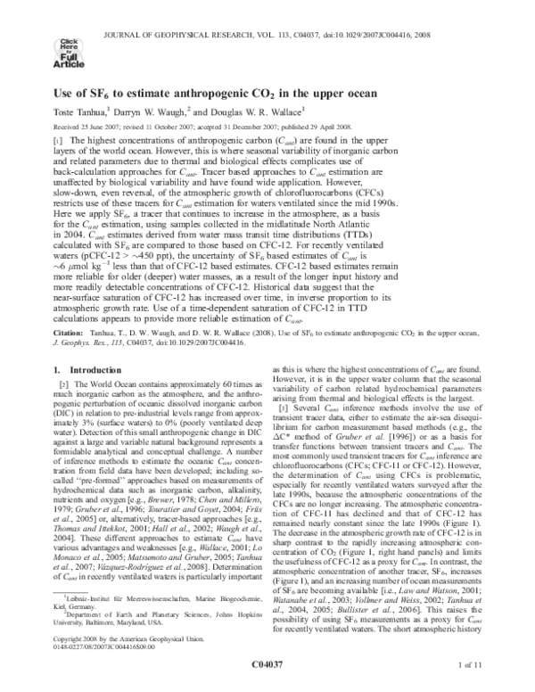 (PDF) Use of SF 6 to estimate anthropogenic CO 2 in the upper ocean