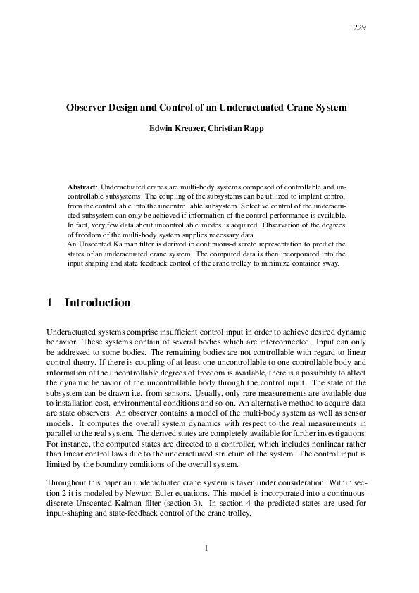 (PDF) Observer Design and Control of an Underactuated Crane System
