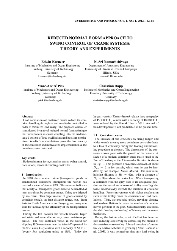 (PDF) Reduced Normal Form Approach Toswing Control of Crane Systems ...