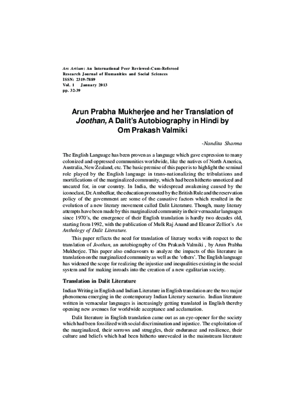 (PDF) Arun Prabha Mukherjee and her Translation of Joothan, A Dalit’s ...