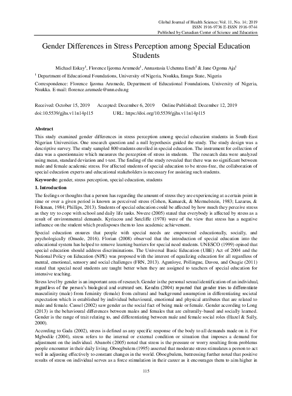 (PDF) Gender Differences in Stress Perception among Special Education ...