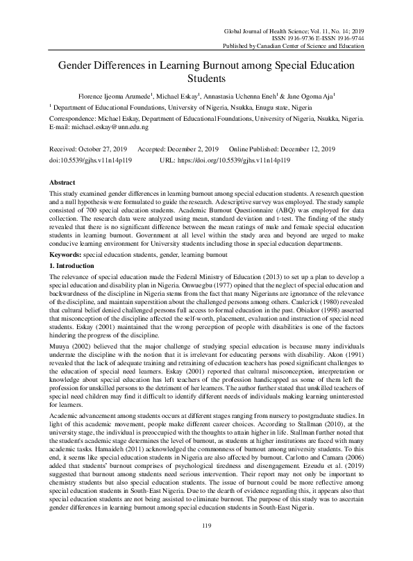 (PDF) Gender Differences in Learning Burnout among Special Education ...