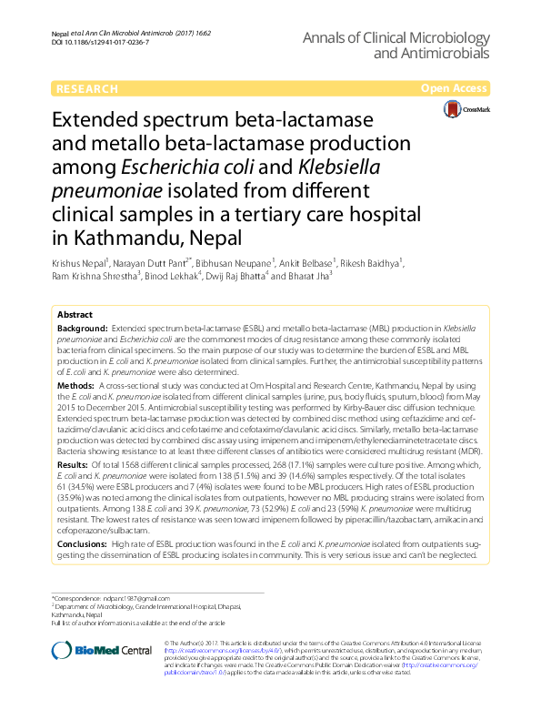 (PDF) Extended spectrum beta-lactamase and metallo beta-lactamase ...