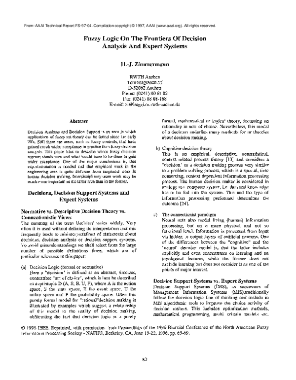 (PDF) Fuzzy logic on the frontiers of decision analysis and expert systems