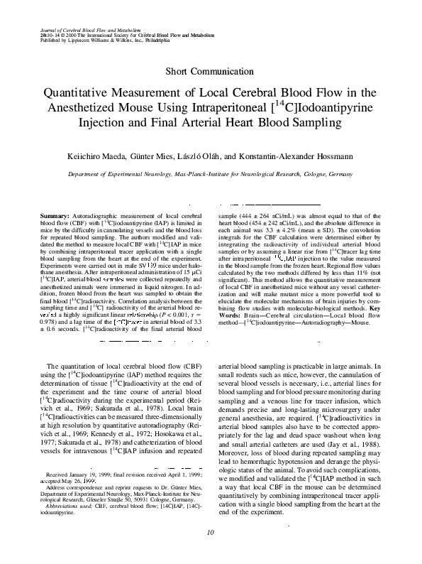 (PDF) Quantitative Measurement of Local Cerebral Blood Flow in the ...