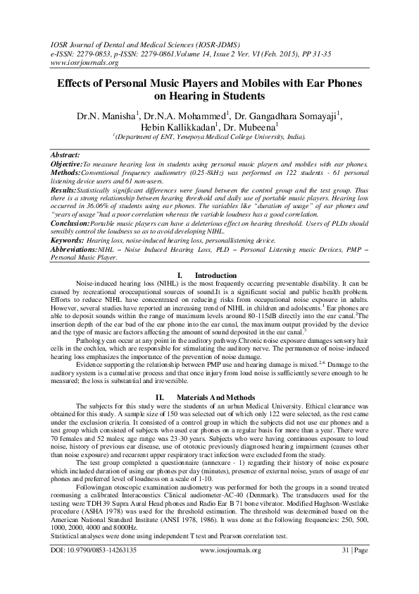 (PDF) Effects of Personal Music Players and Mobiles with Ear Phones on ...