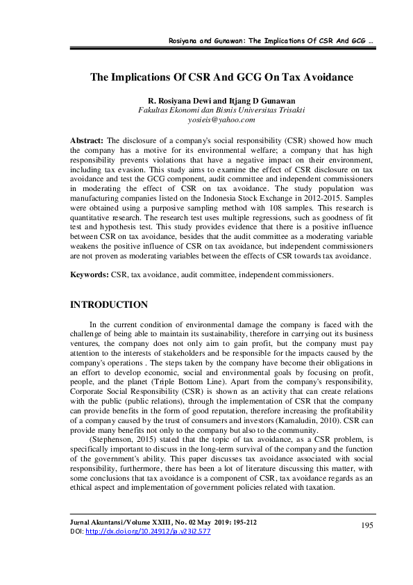 (PDF) The Implications Of CSR And GCG On Tax Avoidance