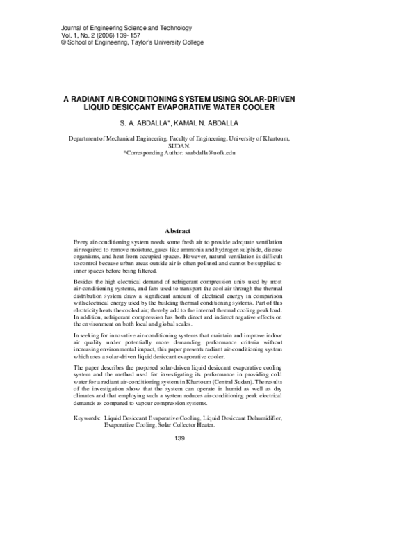 (PDF) A Radiant AirConditioning System Using SolarDriven Liquid