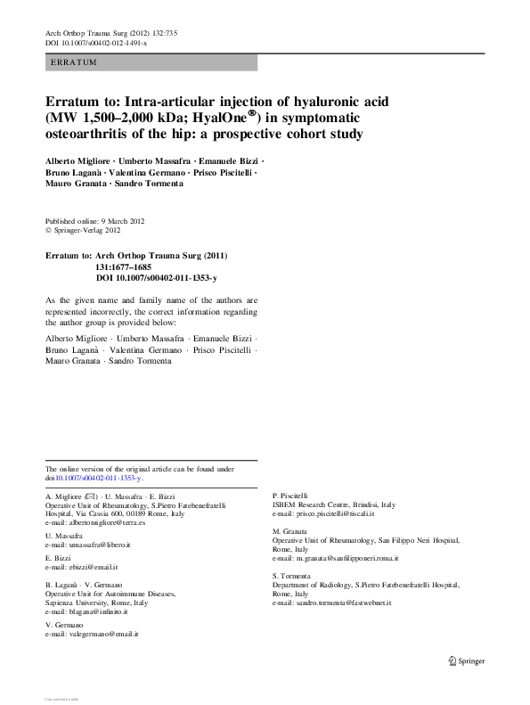 (PDF) Erratum to: Intra-articular injection of hyaluronic acid (MW ...