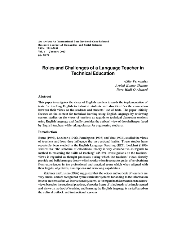(PDF) Roles and Challenges of a Language Teacher in Technical Education