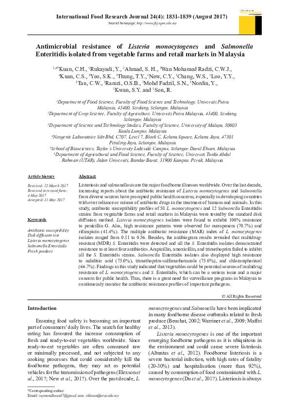(PDF) Antimicrobial resistance of Listeria monocytogenes and Salmonella ...