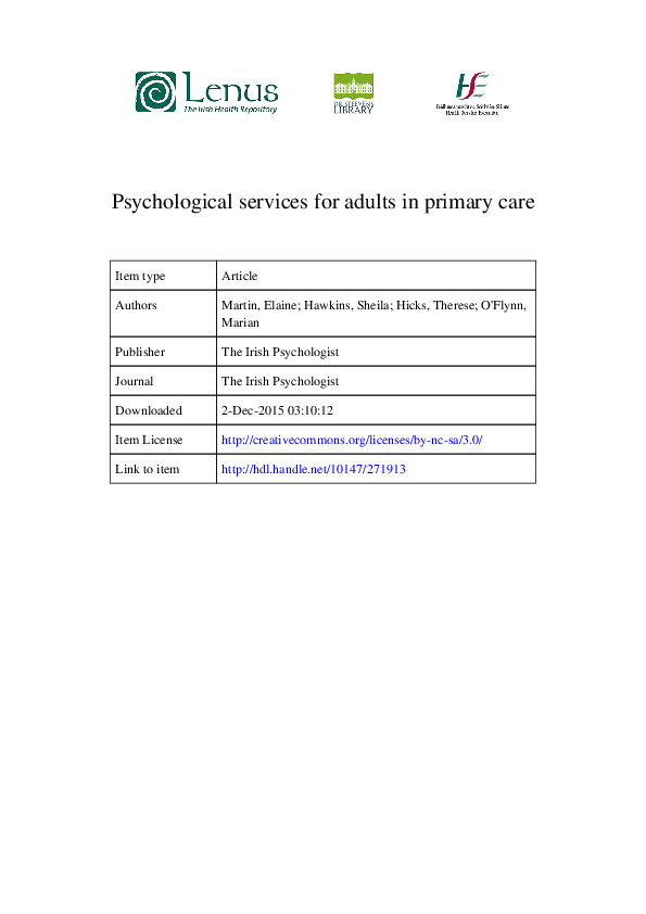 (PDF) Psychological services for adults in primary care