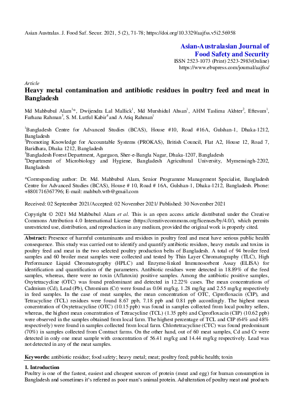 (PDF) Heavy metal contamination and antibiotic residues in poultry feed ...