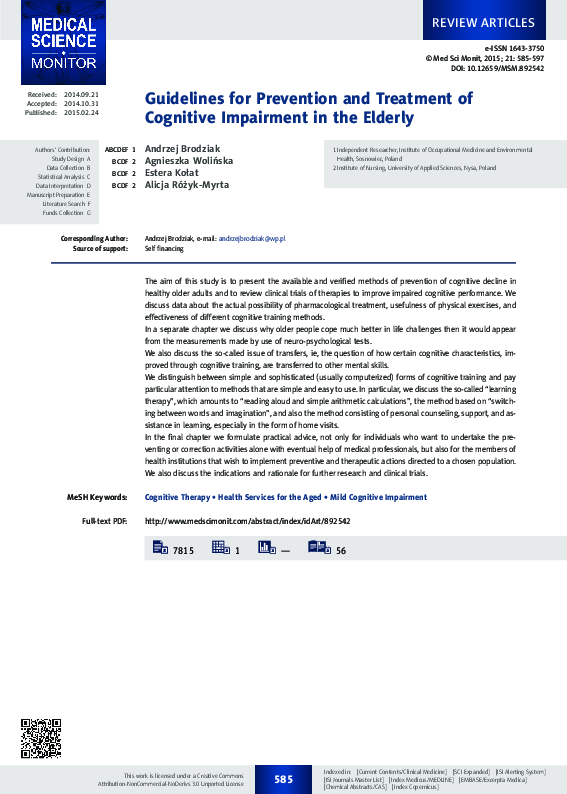 (PDF) Guidelines for Prevention and Treatment of Cognitive Impairment ...
