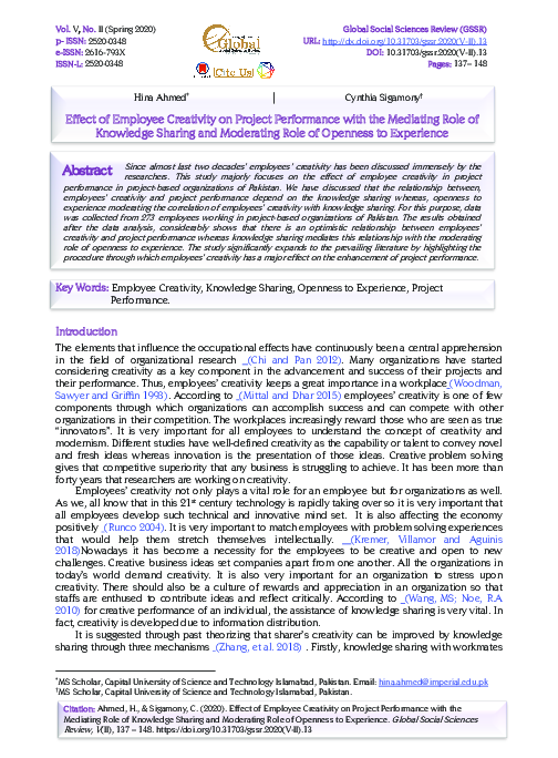 (PDF) Effect of Employee Creativity on Project Performance with the ...