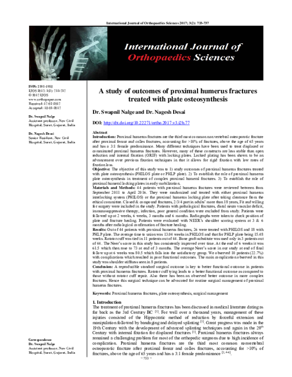 (PDF) A study of outcomes of proximal humerus fractures treated with ...
