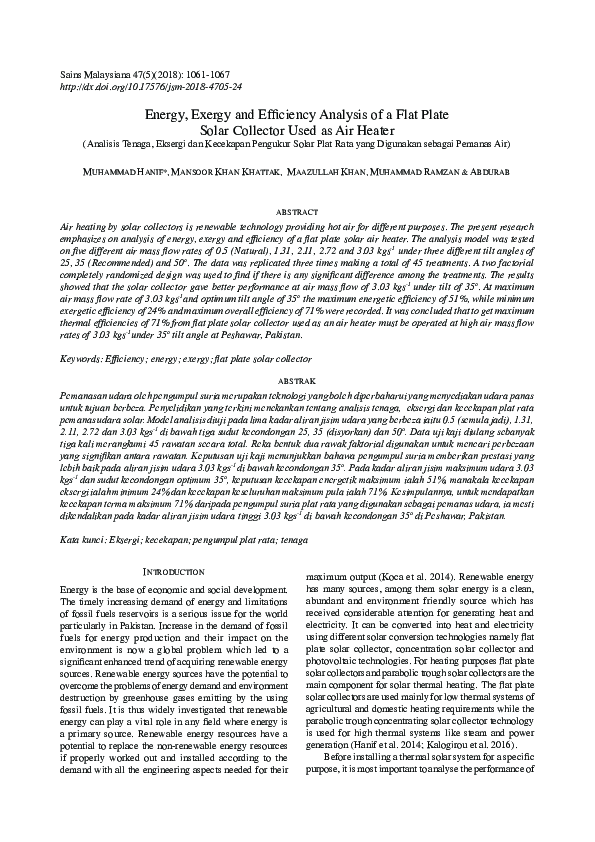 (PDF) Energy, Exergy and Efficiency Analysis of a Flat Plate Solar ...