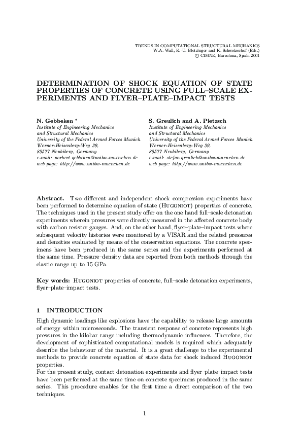 (PDF) Determination of Shock Equation of State Properties of Concrete
